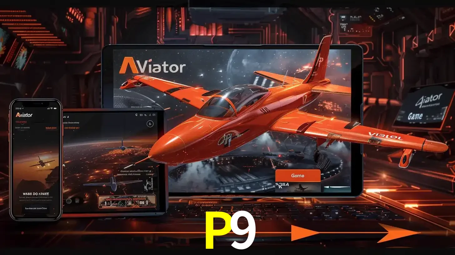 Apresentação tecnológica do jogo Aviator com um avião saindo da tela de um tablet, demonstrando a experiência imersiva em múltiplos dispositivos no P9.