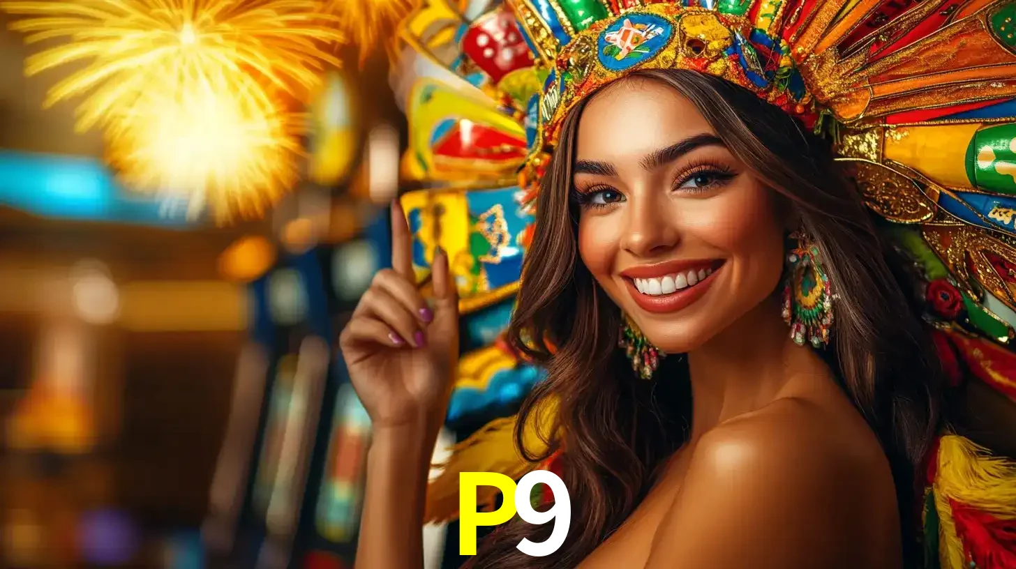 Mulher sorridente com um cocar de carnaval vibrante e colorido, celebrando uma grande vitória nos jogos do cassino P9 com fogos de artifício ao fundo.