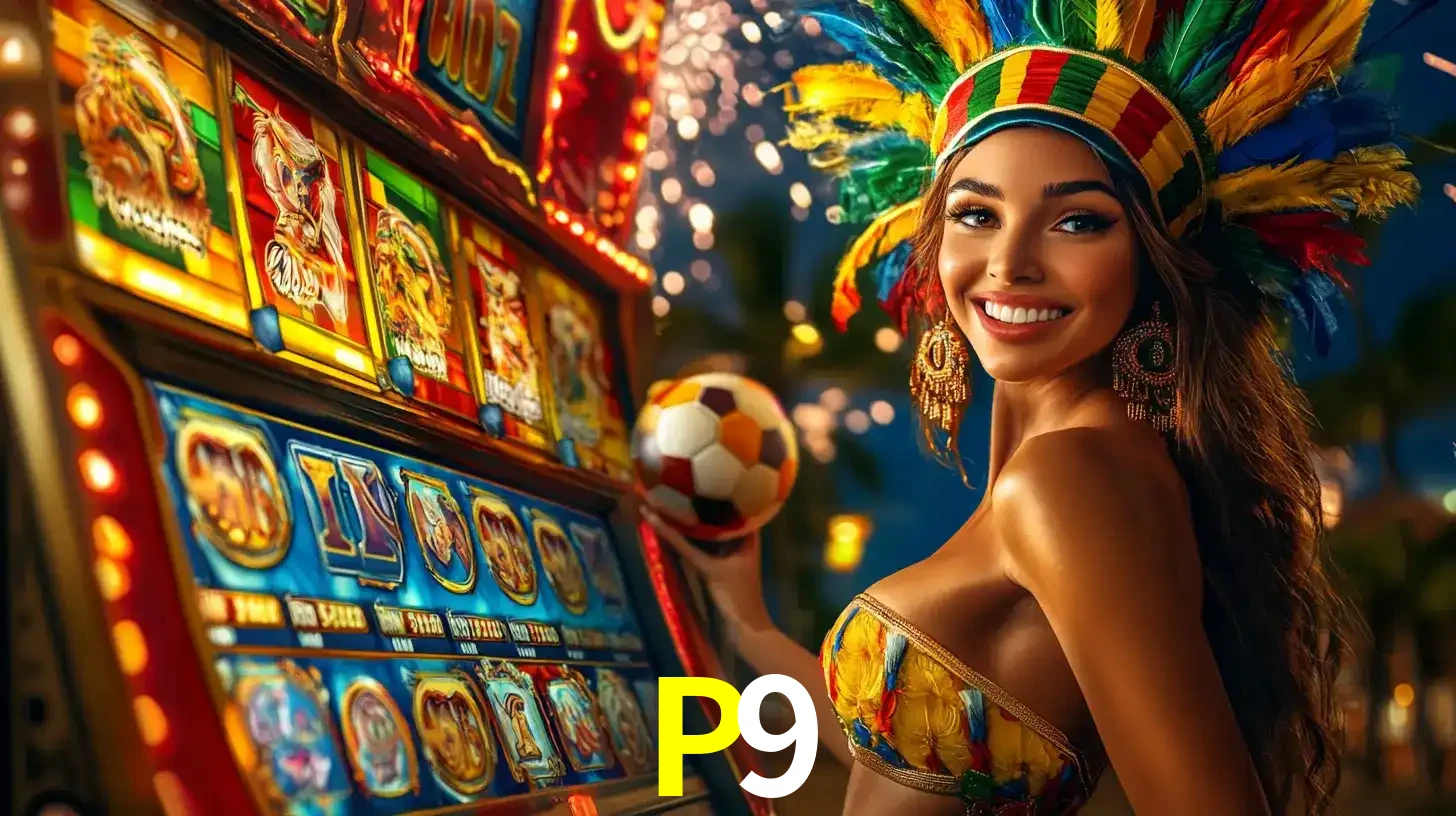 Mulher com um cocar de carnaval ao lado de uma máquina de caça-níqueis enquanto segura uma bola de futebol, mostrando a união da diversão de cassino e esportes no P9.