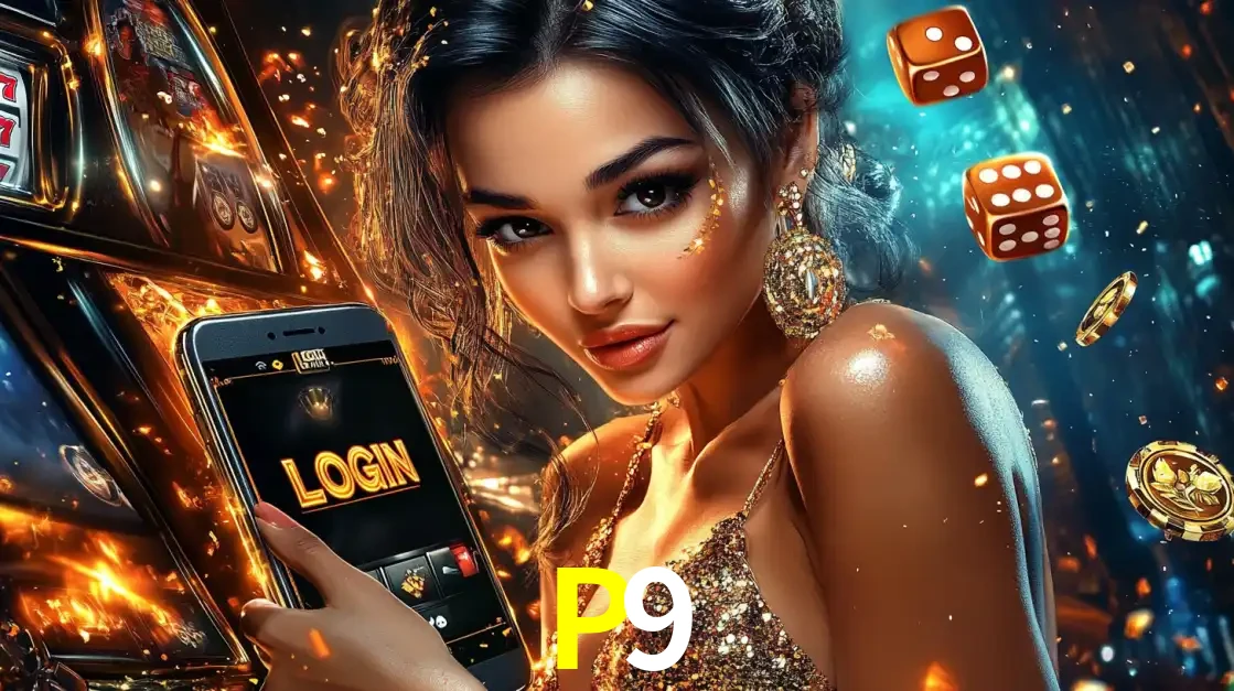 Mulher glamourosa segurando um celular com a tela de login do cassino P9, rodeada por dados e moedas douradas, pronta para começar a diversão.