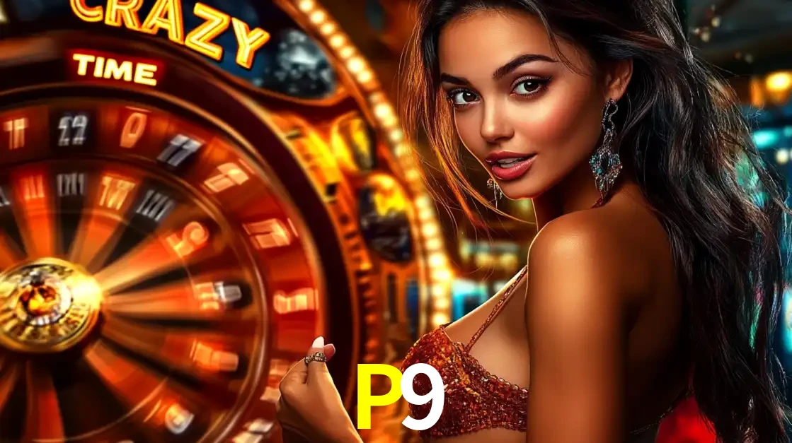 Mulher ao lado da roda de prêmios do jogo de cassino ao vivo Crazy Time, um dos shows de jogos mais emocionantes oferecidos pela plataforma de apostas P9.