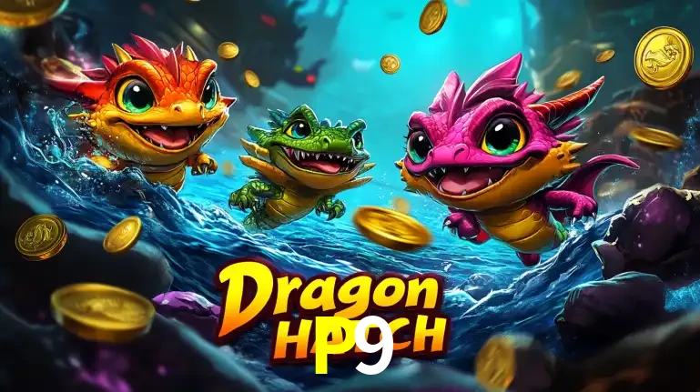 Arte promocional do jogo Dragon Hatch com três adoráveis dragões bebês nadando entre moedas de ouro, um dos slots mais divertidos para jogar no cassino P9.