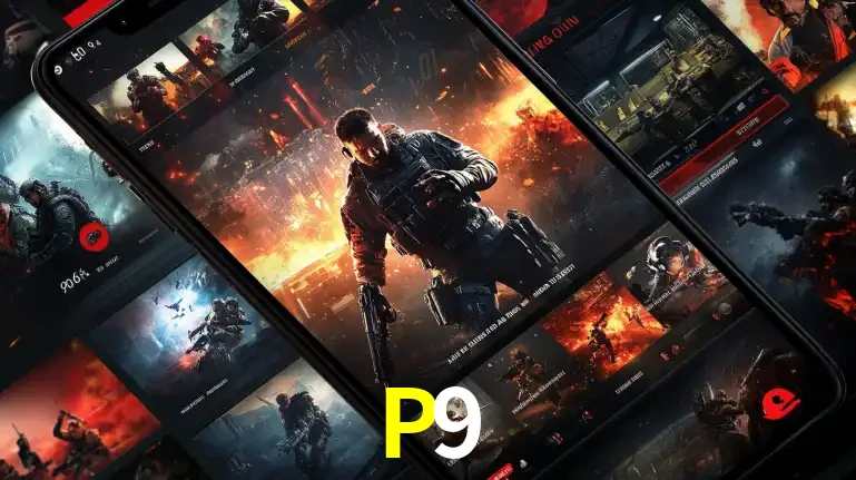 Tela de um celular exibindo uma galeria de jogos de tiro com temática militar, mostrando a variedade de e-sports disponíveis para apostas na plataforma de entretenimento P9.