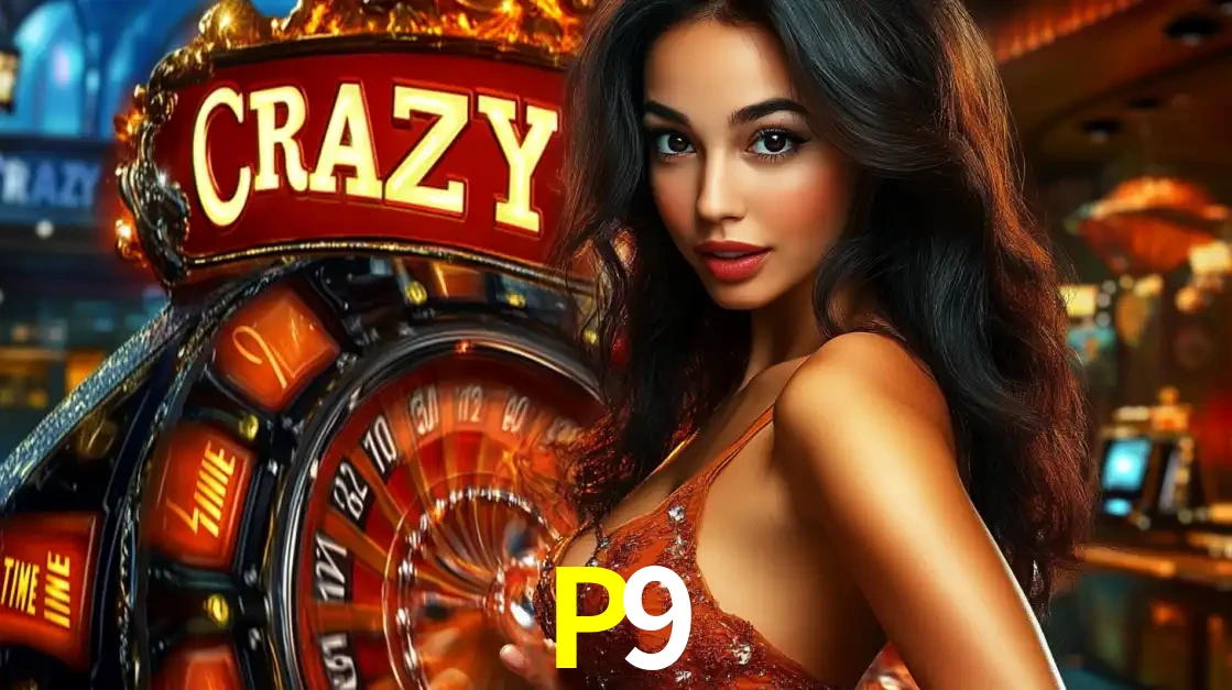 Mulher glamourosa olhando para a câmera com a roda vermelha do Crazy Time ao fundo em um ambiente de cassino, destacando a emoção dos jogos ao vivo no P9.