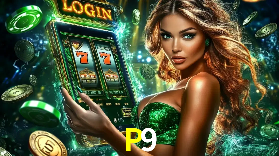 Mulher com tema verde apresentando o aplicativo do cassino P9 com um jogo de slot de 777, cercada por fichas de cassino e uma aura de sorte.