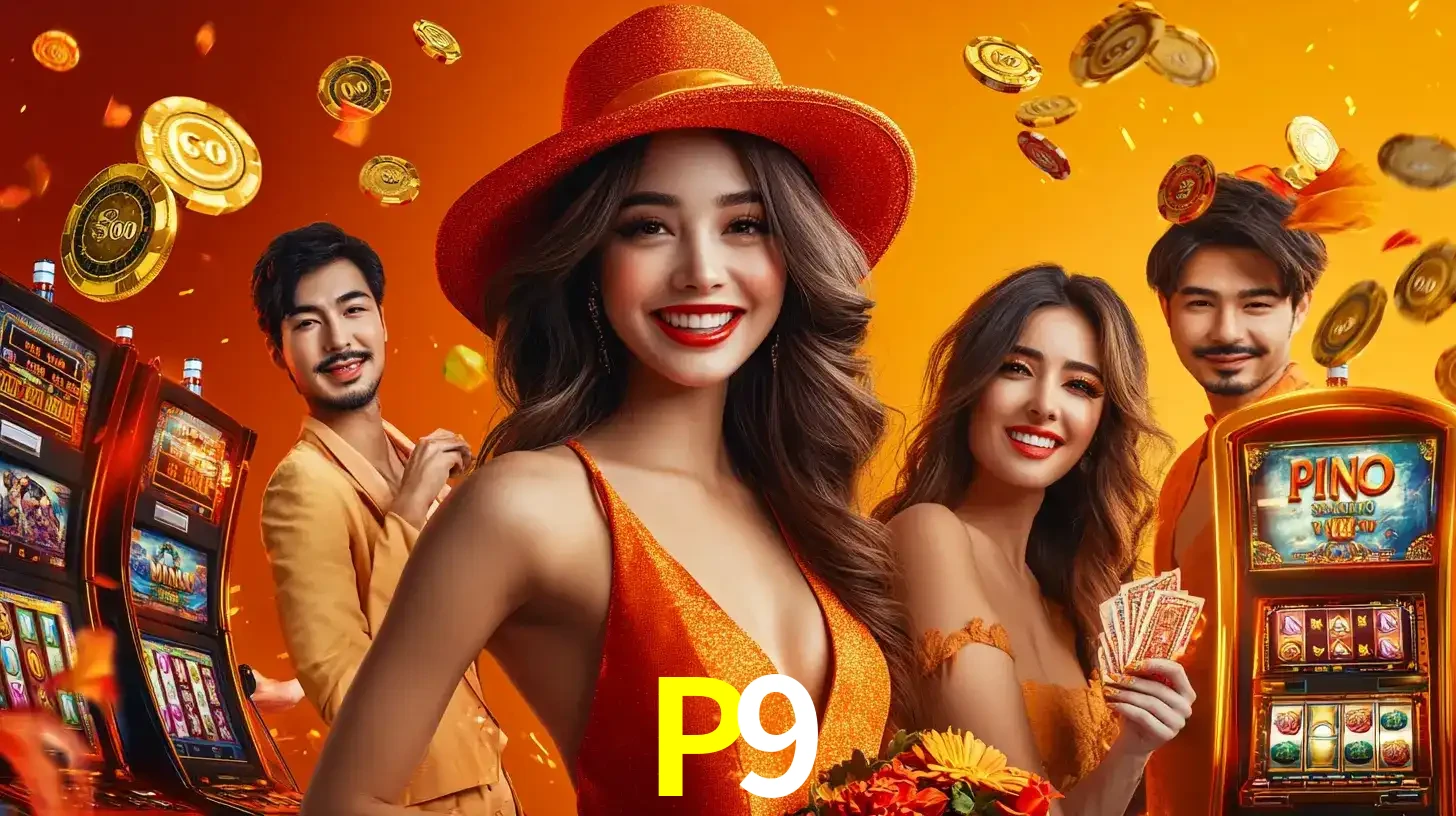 Grupo de amigos asiáticos sorrindo e se divertindo com máquinas de caça-níqueis em um ambiente festivo, celebrando suas vitórias nos jogos de cassino do P9.