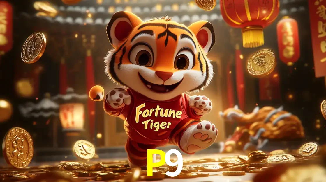 O alegre personagem do Fortune Tiger correndo sobre um caminho de moedas de ouro, simbolizando os grandes prêmios e a diversão do popular jogo de slot do P9.