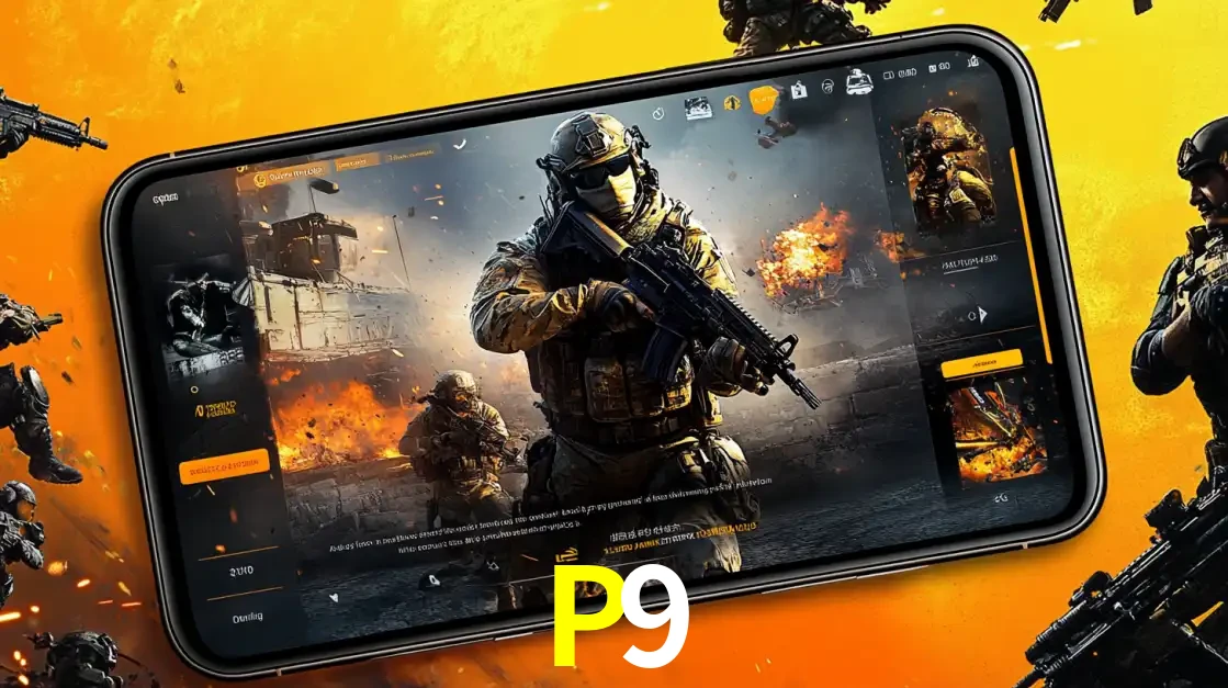 Um smartphone exibindo a interface de um jogo de tiro em primeira pessoa, com um soldado em um cenário de batalha, representando a ação dos e-sports para apostar no P9.