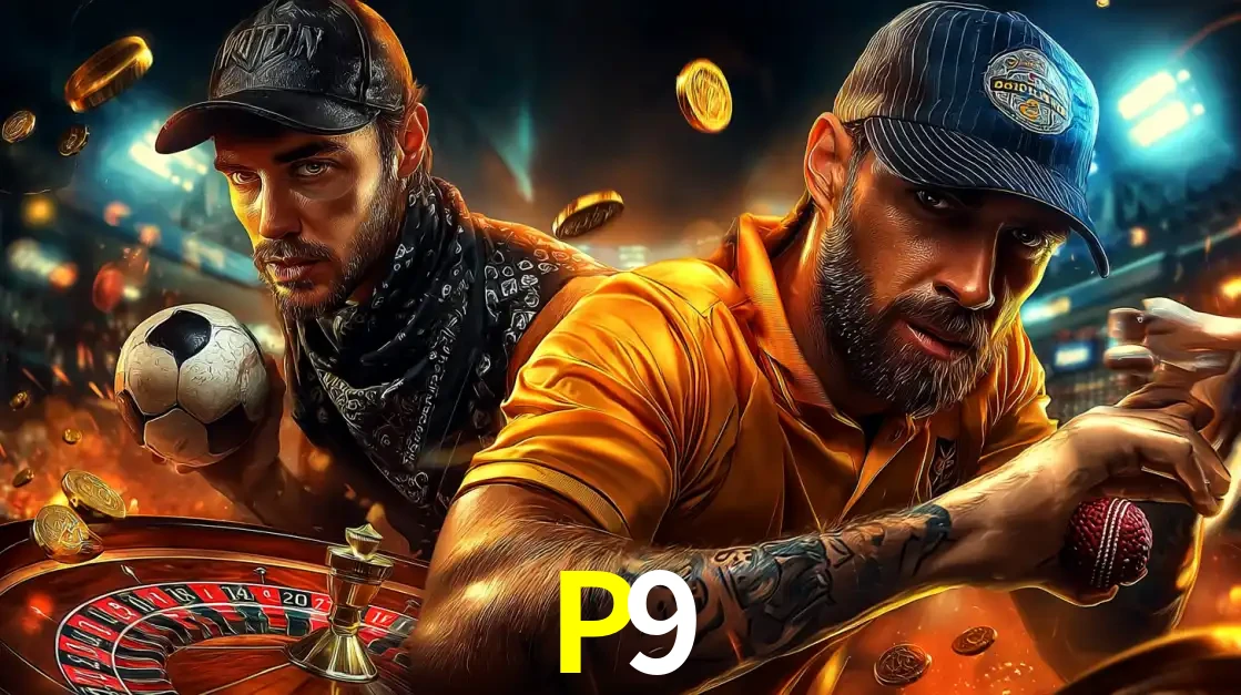 Montagem de apostas esportivas e cassino no P9, com um homem segurando uma bola de futebol e outro uma de beisebol sobre uma roleta e moedas voadoras.