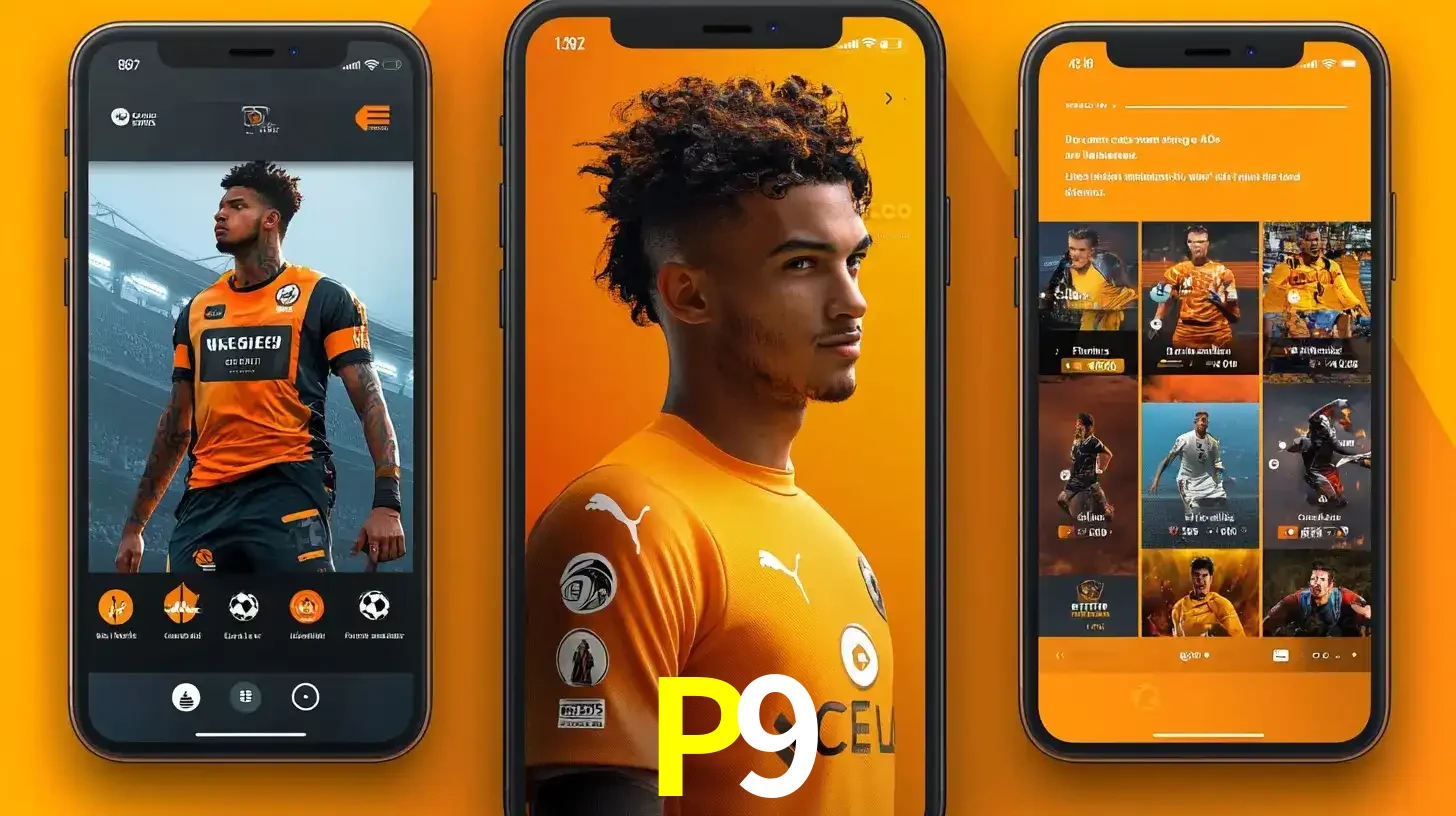 Interface do aplicativo de apostas esportivas P9 em três telas de celular, mostrando o perfil de um jogador de futebol e a lista de jogos disponíveis para apostar.