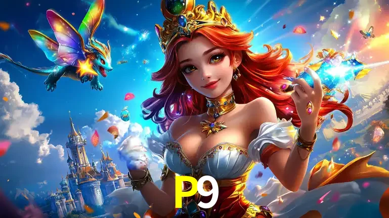 A princesa de um reino de fantasia mágico, com seu pequeno dragão, apresentando um mundo de prêmios encantados nos jogos de caça-níqueis do cassino P9.