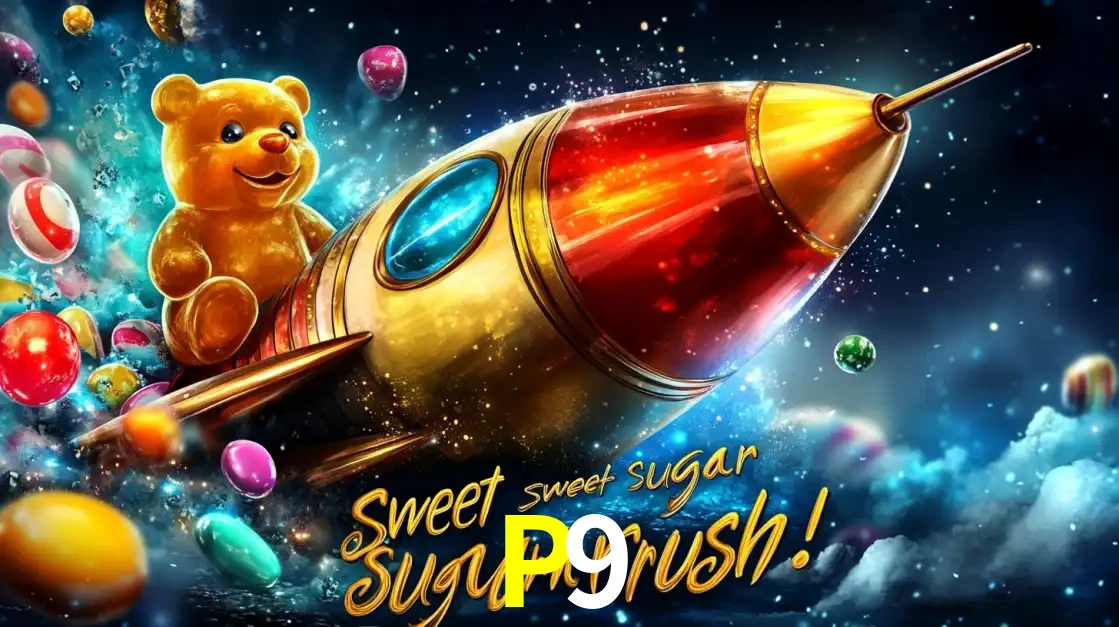 Arte promocional do jogo de slot Sugar Rush, com um urso de pelúcia em um foguete viajando pelo espaço de doces, um dos jogos divertidos disponíveis no cassino P9.