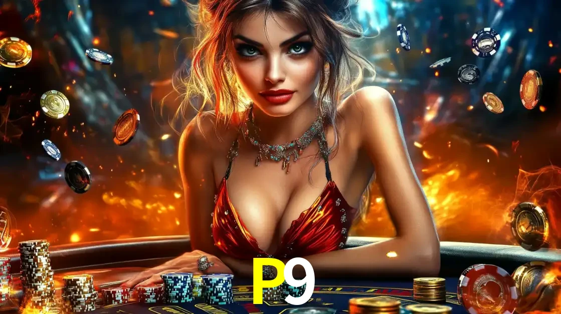 Mulher em uma mesa de cassino com pilhas de fichas e um fundo de fogo, pronta para uma rodada de altas apostas nos jogos de mesa emocionantes do cassino P9.