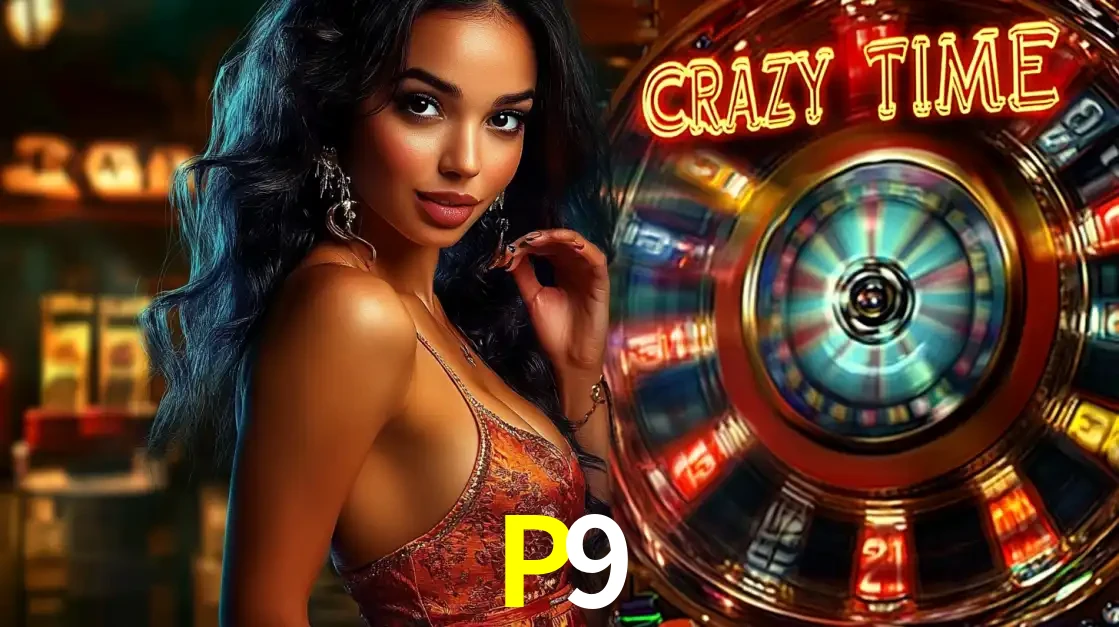 Mulher elegante ao lado da vibrante roda da fortuna do jogo de cassino ao vivo Crazy Time, um dos game shows mais populares e cheios de prêmios do P9.