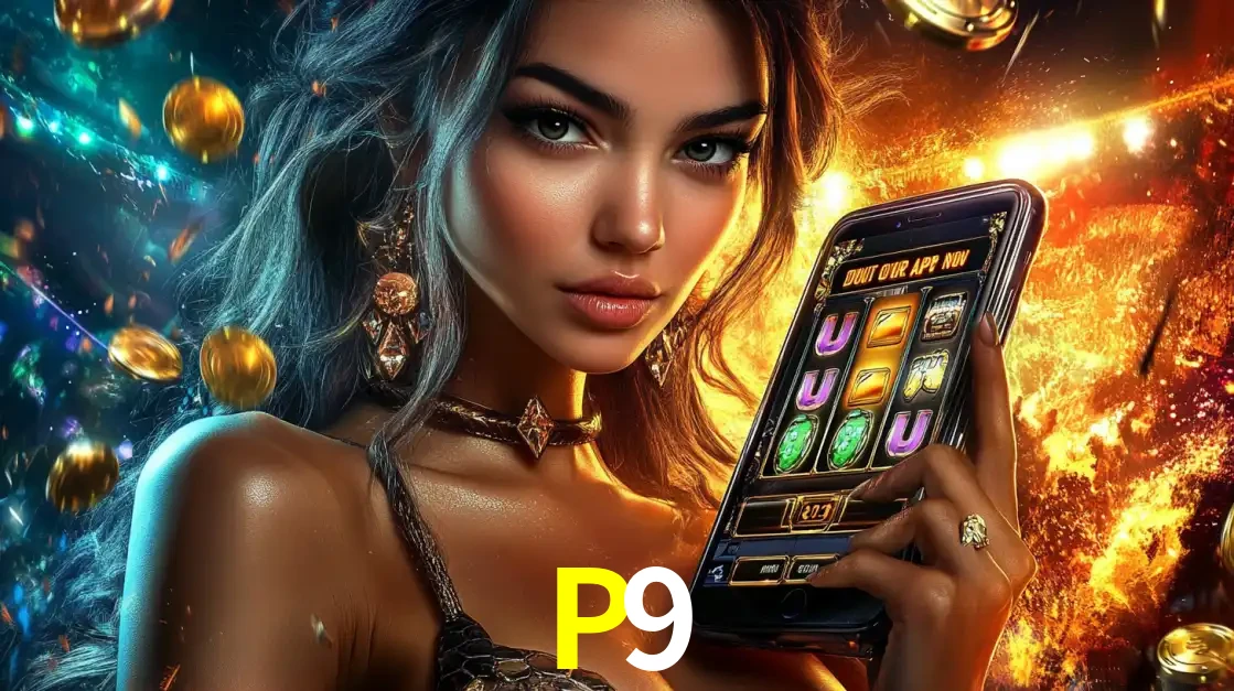 Mulher elegante mostrando um jogo de caça-níqueis em seu smartphone, destacando a experiência de cassino móvel oferecida pelo aplicativo P9.