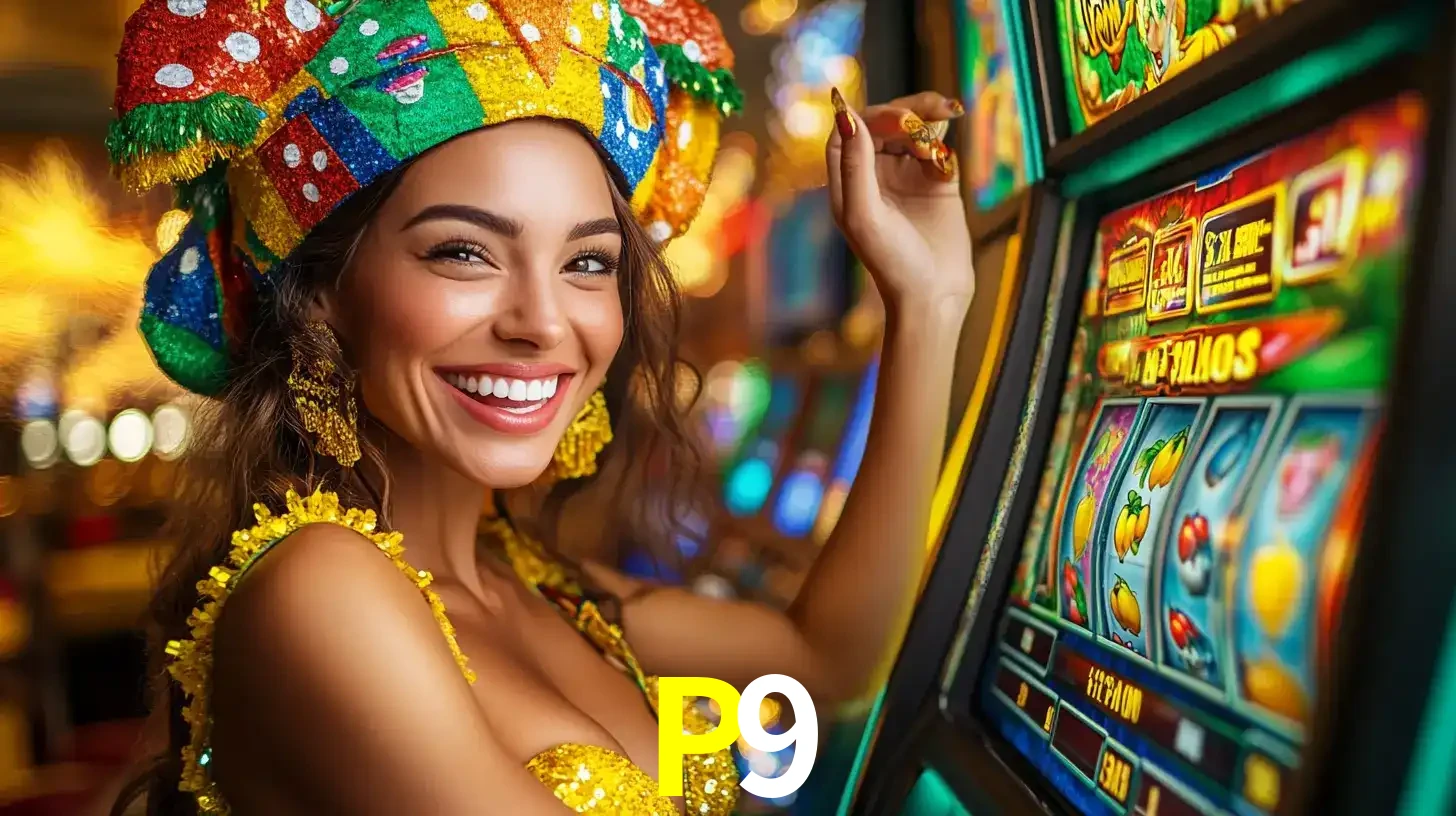 Mulher feliz com traje de carnaval amarelo e colorido ao lado de uma máquina de caça-níqueis, aproveitando a diversão e os jogos temáticos do cassino P9.