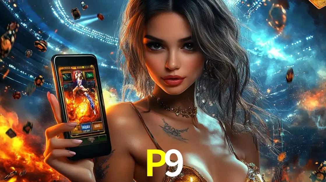 Mulher segurando um celular com um jogo de slot em destaque, tendo como fundo um estádio vibrante, simbolizando a emoção de jogar no cassino móvel P9.