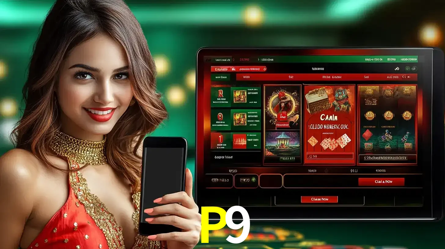 Mulher sorridente segurando um smartphone, ao lado de uma tela exibindo o lobby de jogos do cassino online P9, com várias opções de jogos de cartas e slots.